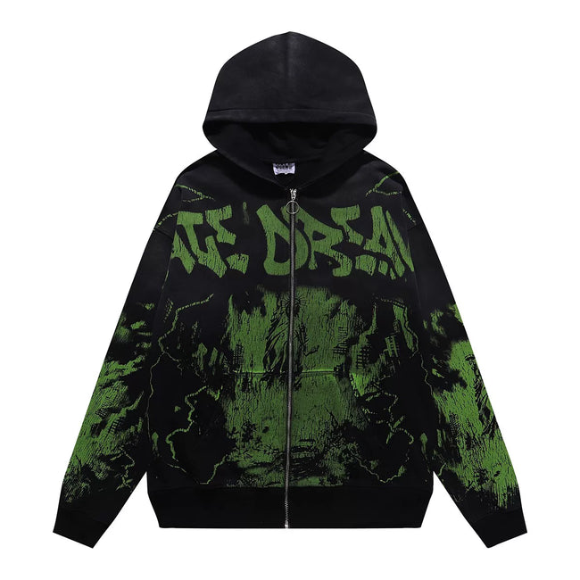 VALEFOREVER Black Green Crackle Graffiti Zip Up Hoodie Hover Image
