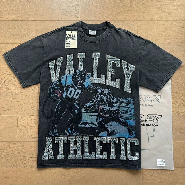 VALEFOREVER Black Washed Valley Athletic Football Vintage Graphic T-Shirt Hover Image