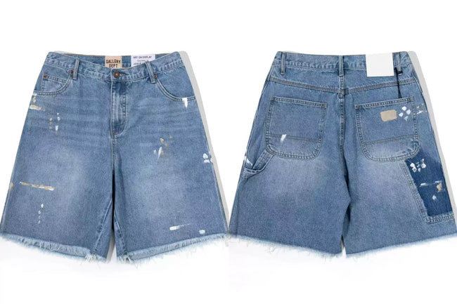 Gallery Dept. Raw-Edge Paint Splatter Denim Shorts - Medium Blue Hover Image