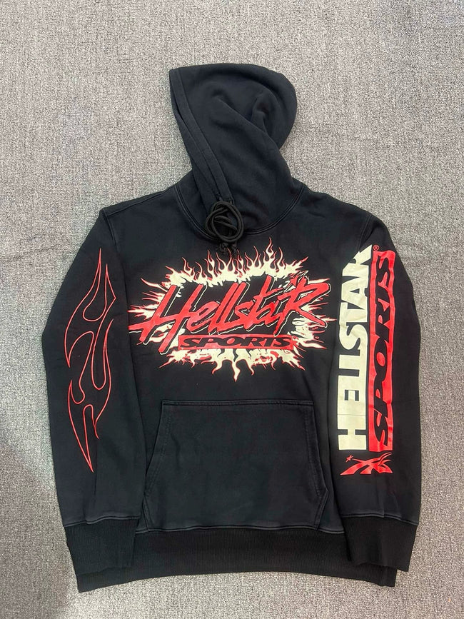 Hellstar Red Flame Graphic Black Pullover Hoodie Hover Image