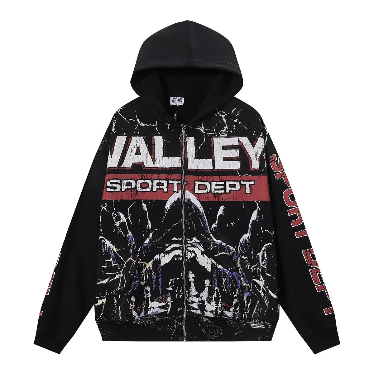 VALEFOREVER Black Valley Sport Dept Skeleton Graphic Zip Hoodie