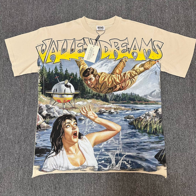 VALEFOREVER Cream Retro River Panic Movie Graphic Short Sleeve Tee Hover Image