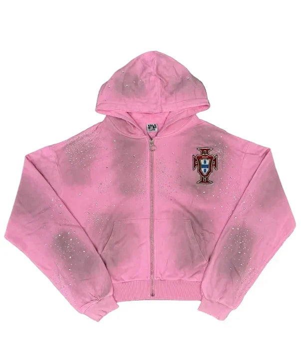 Cross‑Emblem Rhinestone Cropped Zip‑Up Hoodie, Unisex Pink Y2K Streetwear Jacket Hover Image