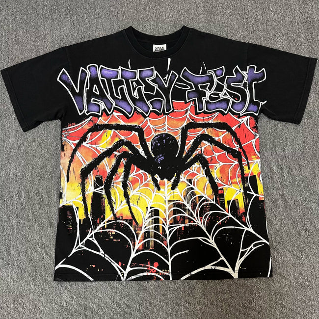 VALEFOREVER Black Giant Spider Retro Graphic Short Sleeve T-Shirt Hover Image