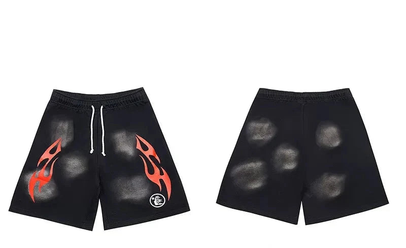 Hellstar Black Red Flame Distressed Shorts