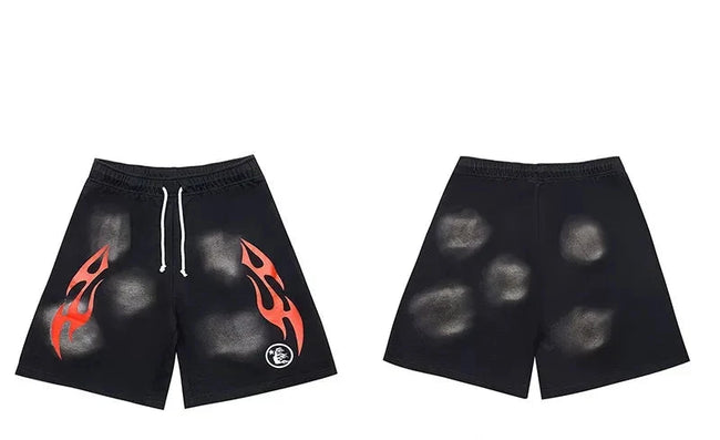 Hellstar Black Red Flame Distressed Shorts Hover Image