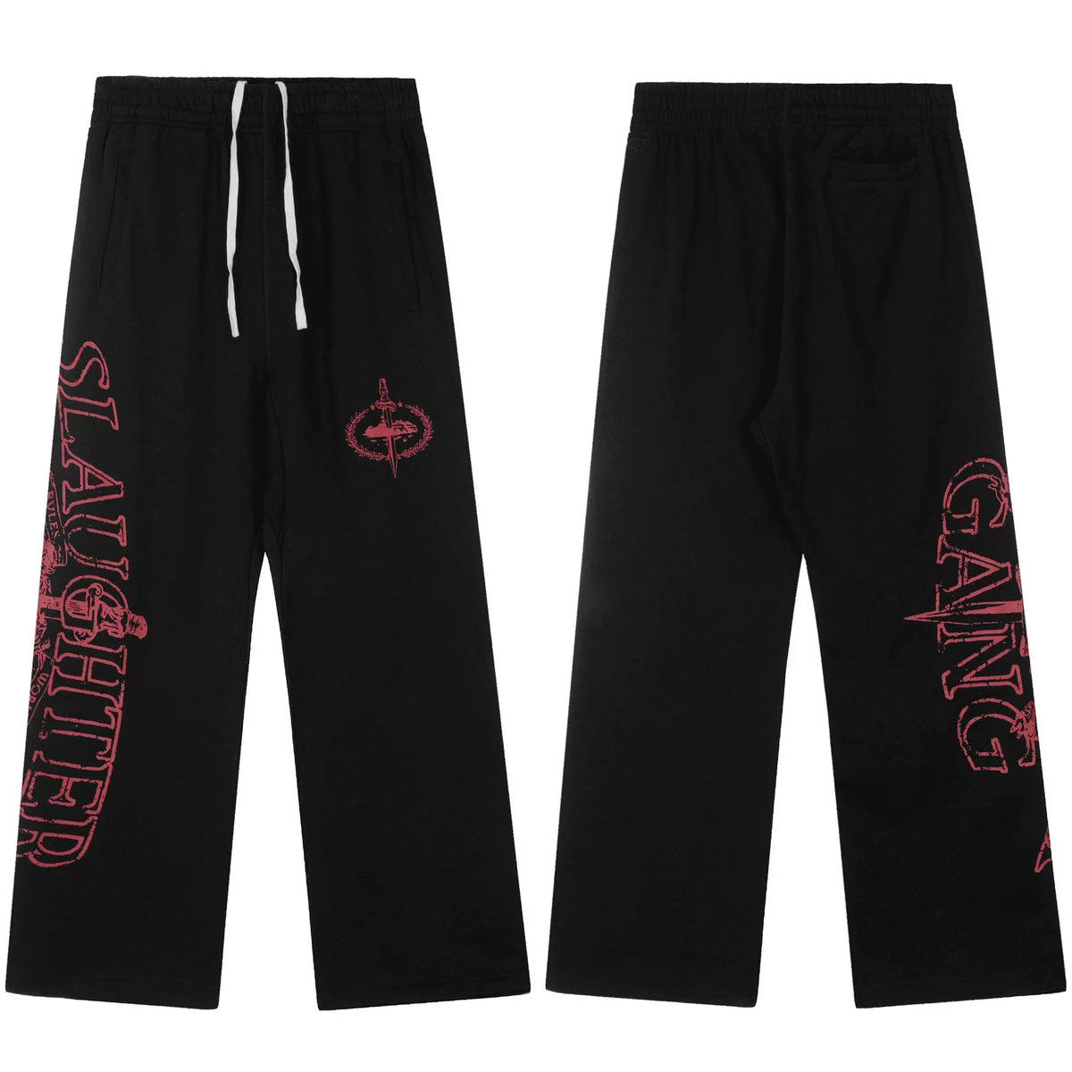 Black Graphic Straight-Leg Sweatpants | Red Letter Streetwear Pants with Side Print Detail