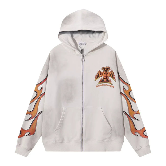 VALEFOREVER Off White Flame Sleeve Logo Zip Up Hoodie Hover Image
