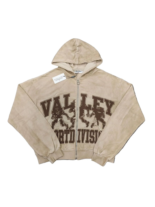 Valley Sports Division Graphic Zip‑Up Hoodie, Unisex Khaki Washed Streetwear Jacket Hover Image