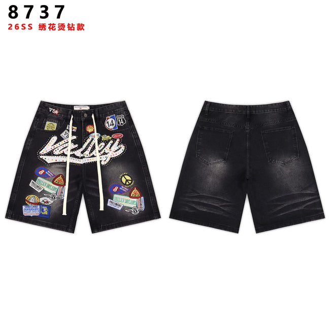 VALEFOREVER Black Denim Shorts with Multi Patch Logo & Rhinestone Print Hover Image