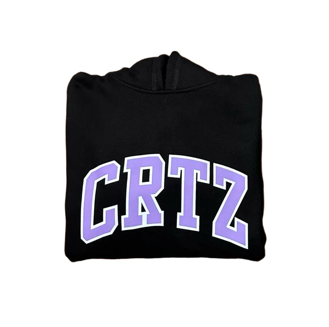 Title: Corteiz “CRTZ” Black Hoodie — Bold Purple Lettering on Classic Streetwear Silhouette Hover Image