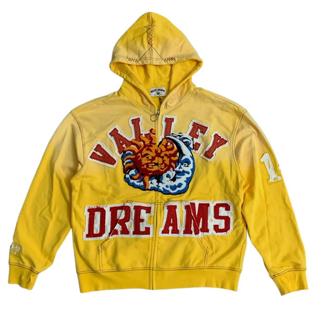 Valley Dreams Sun‑Moon Graphic Zip‑Up Hoodie, Unisex Yellow Vintage Streetwear Jacket Hover Image