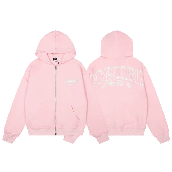 Pink Zip-Up Hoodie | Minimalist Streetwear Jacket with Back Graphic Print Hover Image