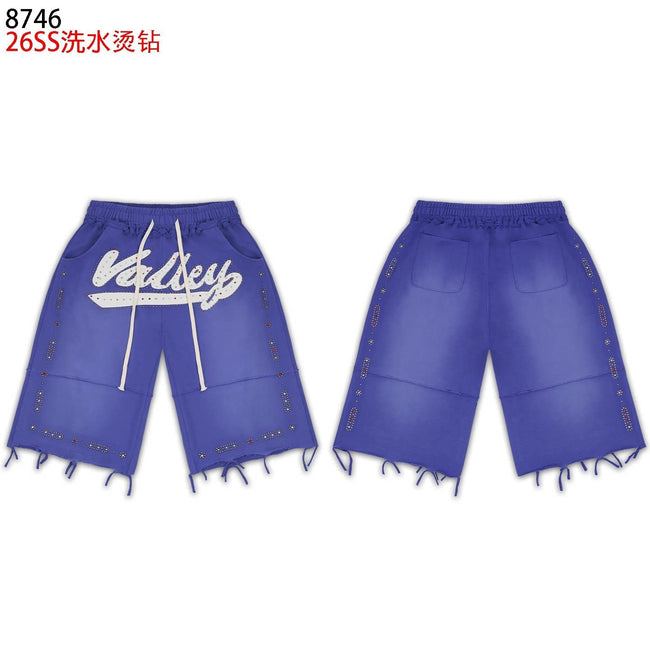 VALEFOREVER Blue Washed Rhinestone Shorts with Script Logo & Fringe Hem Hover Image