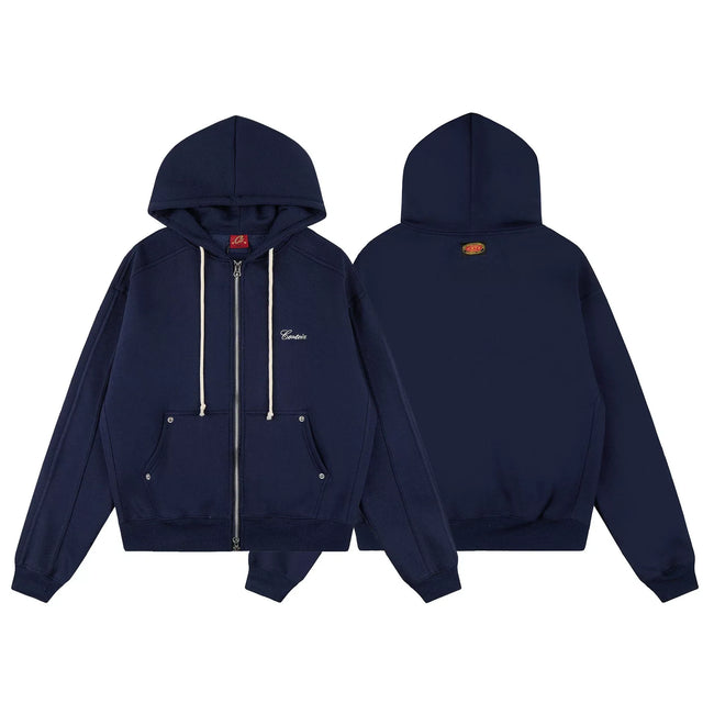Navy Blue Zip-Up Hoodie | Minimalist Streetwear Hoodie with Premium Logo Detail Hover Image