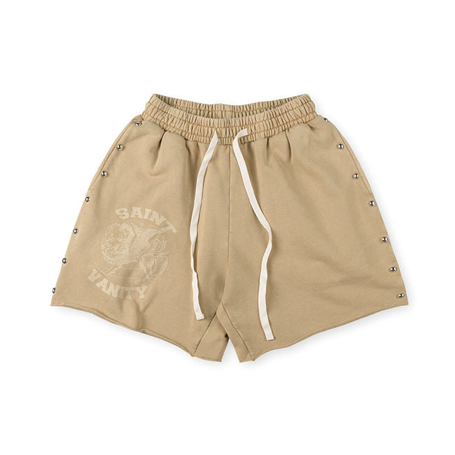 SAINT VANITY Vintage Graphic Side-Snap Casual Shorts - Khaki / Vintage Wash Hover Image