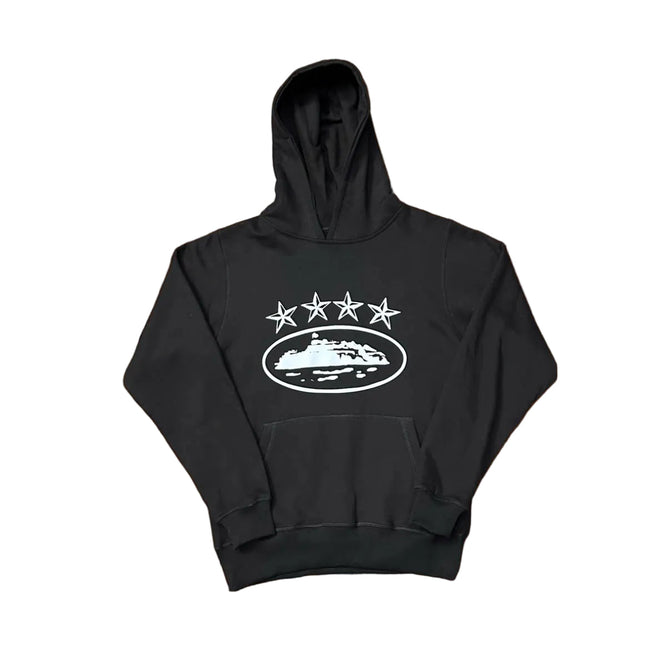 Black Vintage Star Graphic Hoodie – Oversized Streetwear Pullover Sweatshirt Hover Image