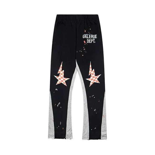 Gallery Dept. "GALERIE DEPT." Checkered Star Graphic Paint Splatter Contrast Panel Sweatpants - Black & Grey Hover Image