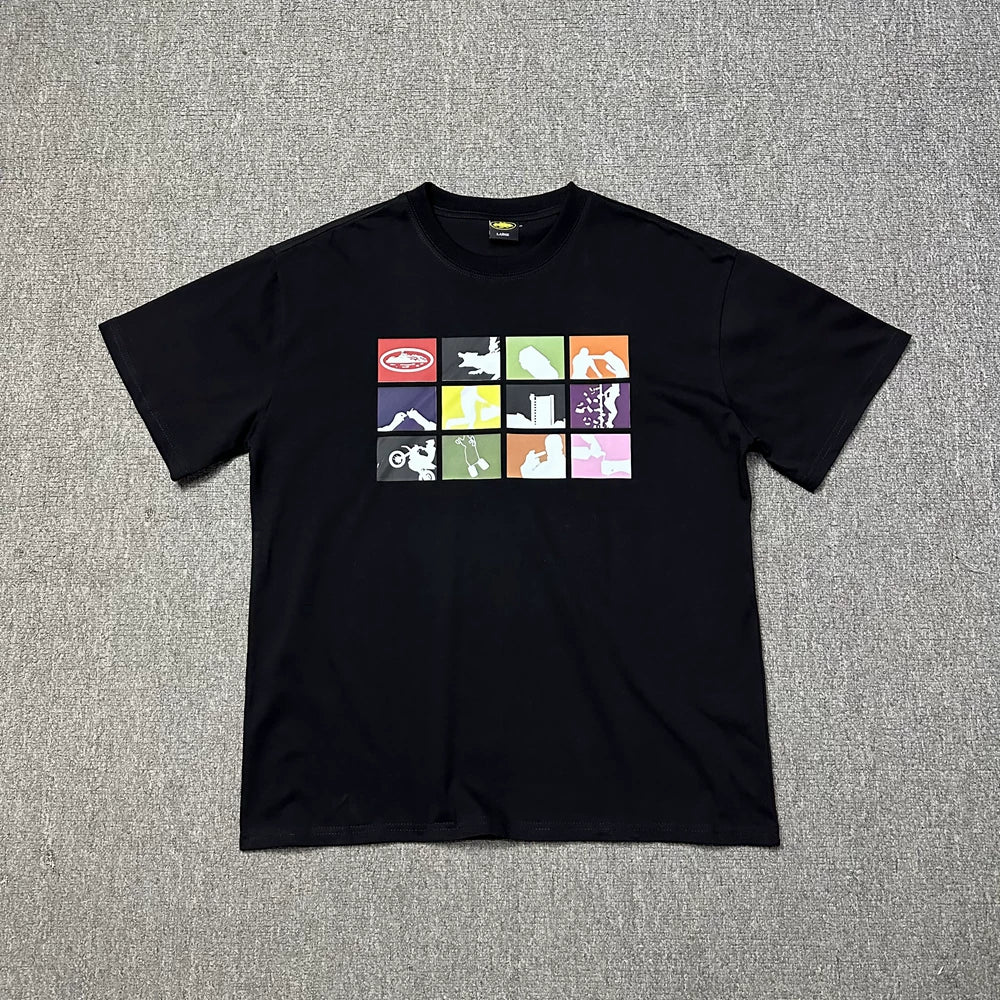 Corteiz “Alcatraz Grid” Black T-Shirt — Colorful Block Graphic on Oversized Streetwear Tee