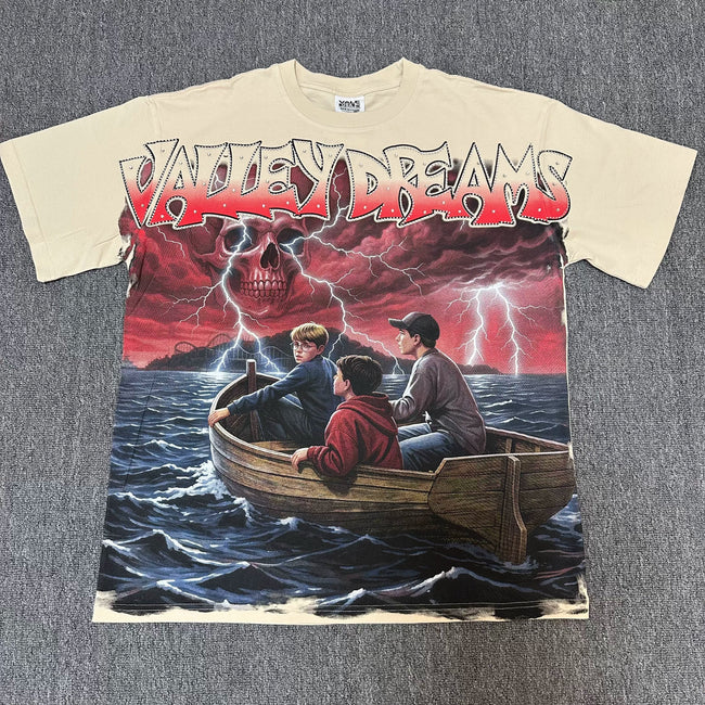 VALEFOREVER Cream Storm Boat Skull Retro Horror Graphic Short Sleeve T-Shirt Hover Image