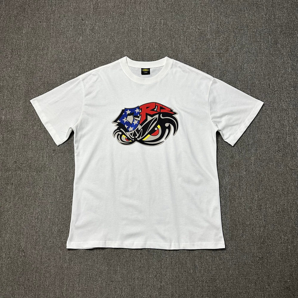 Corteiz Eagle Eye Graphic White T-Shirt — Patriotic Streetwear Tee with Bold Motorcycle Print