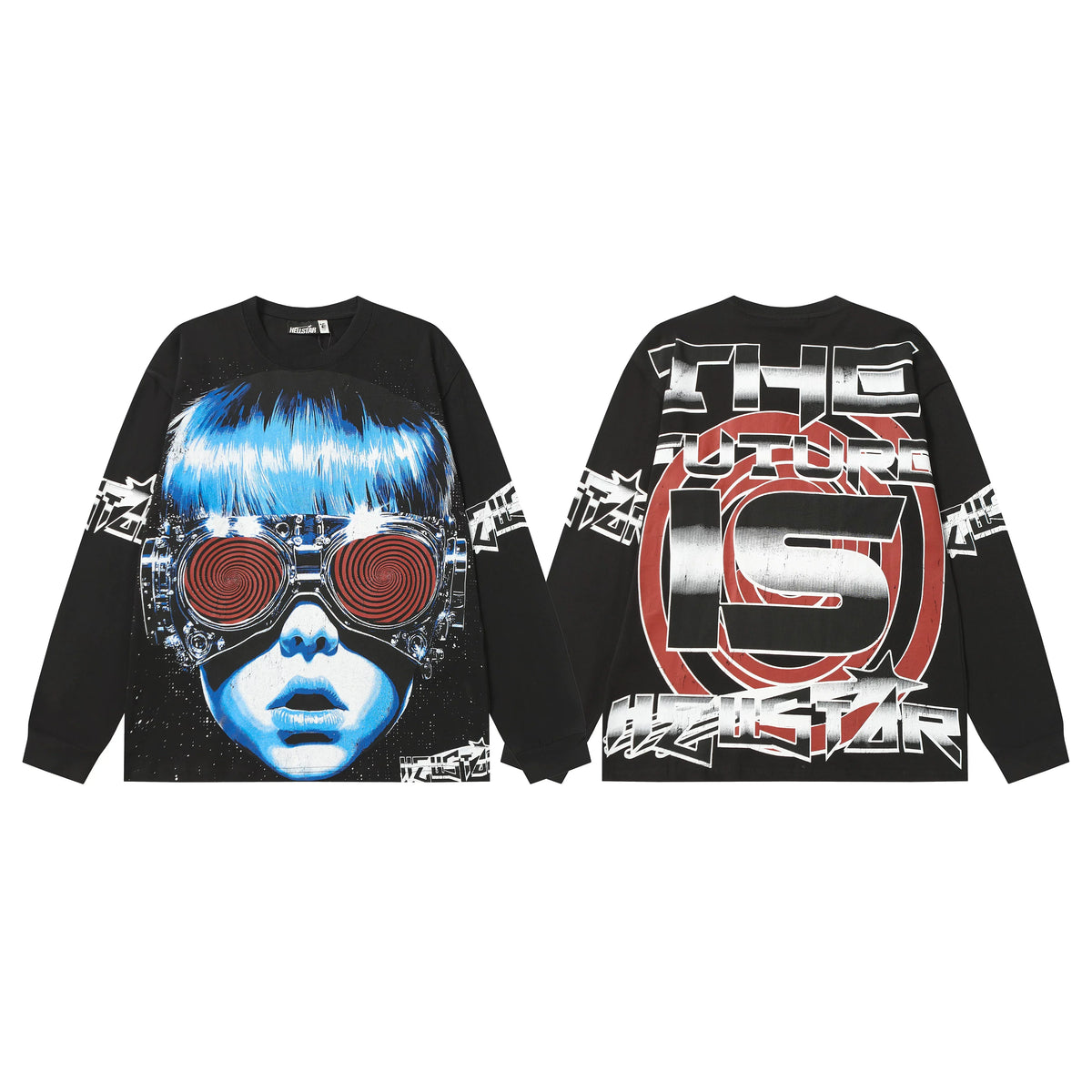 Hellstar Black Blue Hair Face Graphic Long Sleeve Tee