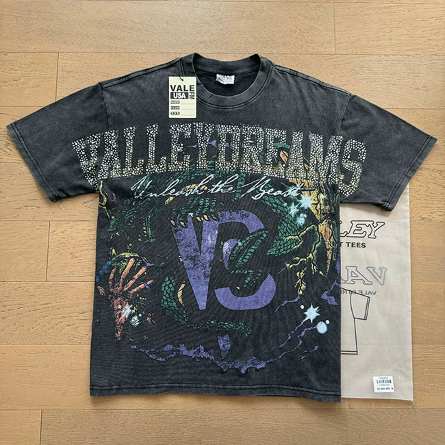 VALEFOREVER Black Washed Valley Dreams VS Logo Retro Art Graphic T-Shirt Hover Image