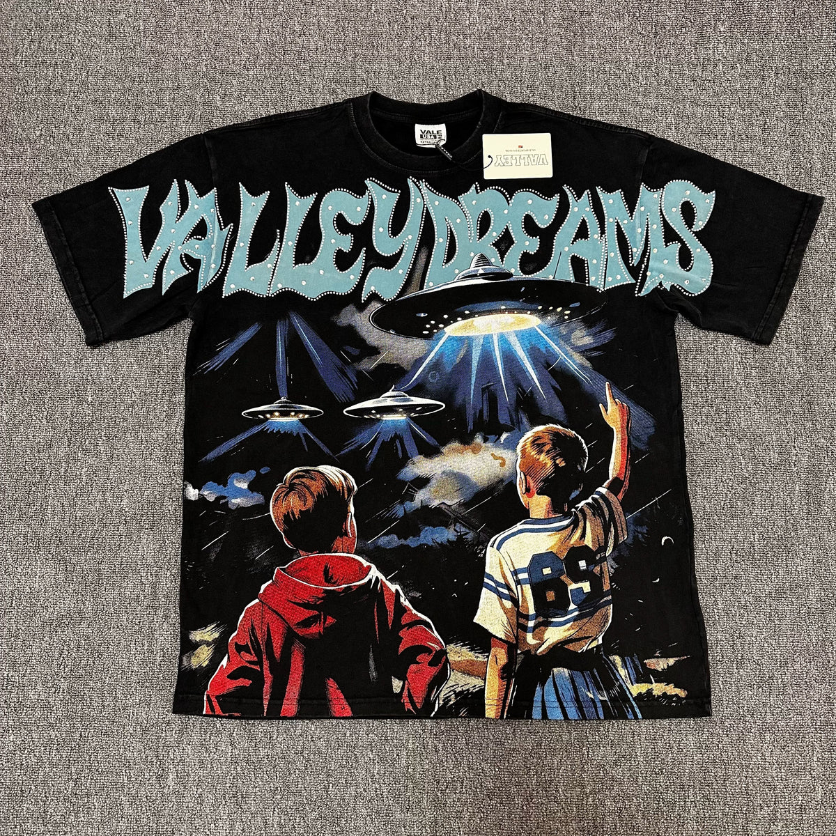 VALEFOREVER Black UFO Kids Retro Sci-Fi Graphic Short Sleeve T-Shirt