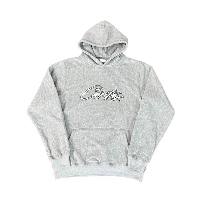 Corteiz “CRTZ” Grey Hoodie — Signature Script Logo on Classic Streetwear Pullover Hover Image