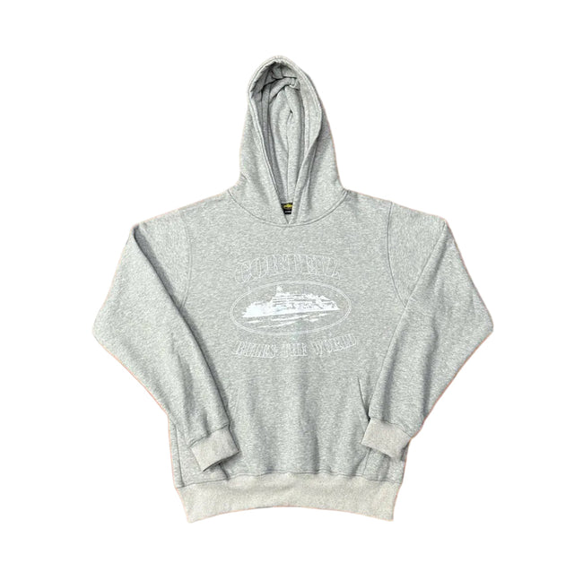 Grey Vintage Graphic Hoodie – Oversized Streetwear Pullover Sweatshirt Hover Image