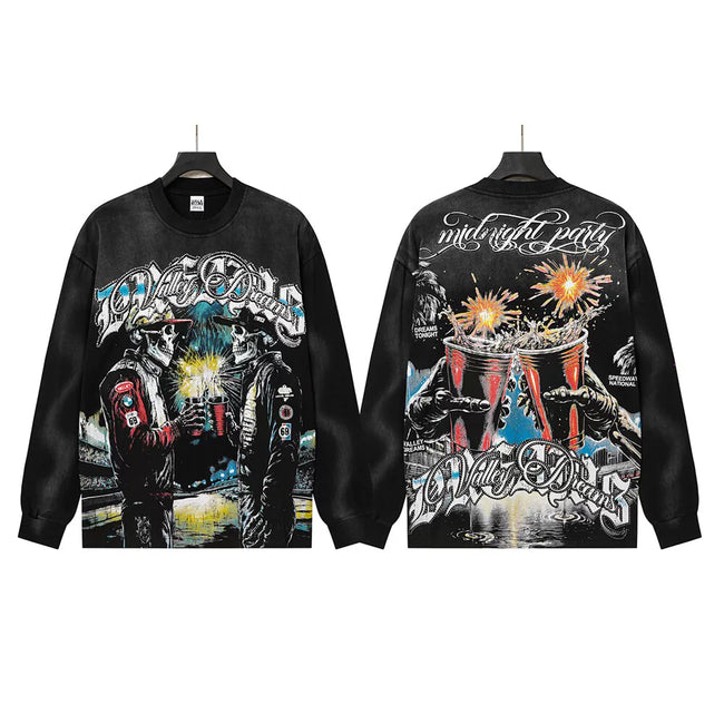 VALLEYDREAM Black Distressed Art Collage Long Sleeve Graphic Tee Hover Image
