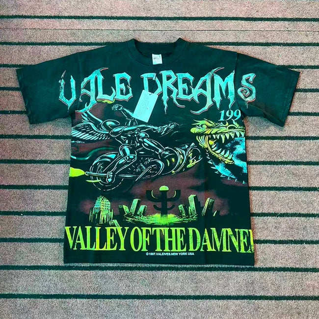 Valleydream Dark Green Valley Of The Damned Dragon Graphic Vintage T-Shirt Hover Image