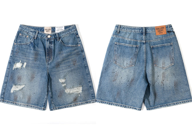 Gallery Dept. Distressed Paint Splatter Denim Shorts - Medium Blue Hover Image