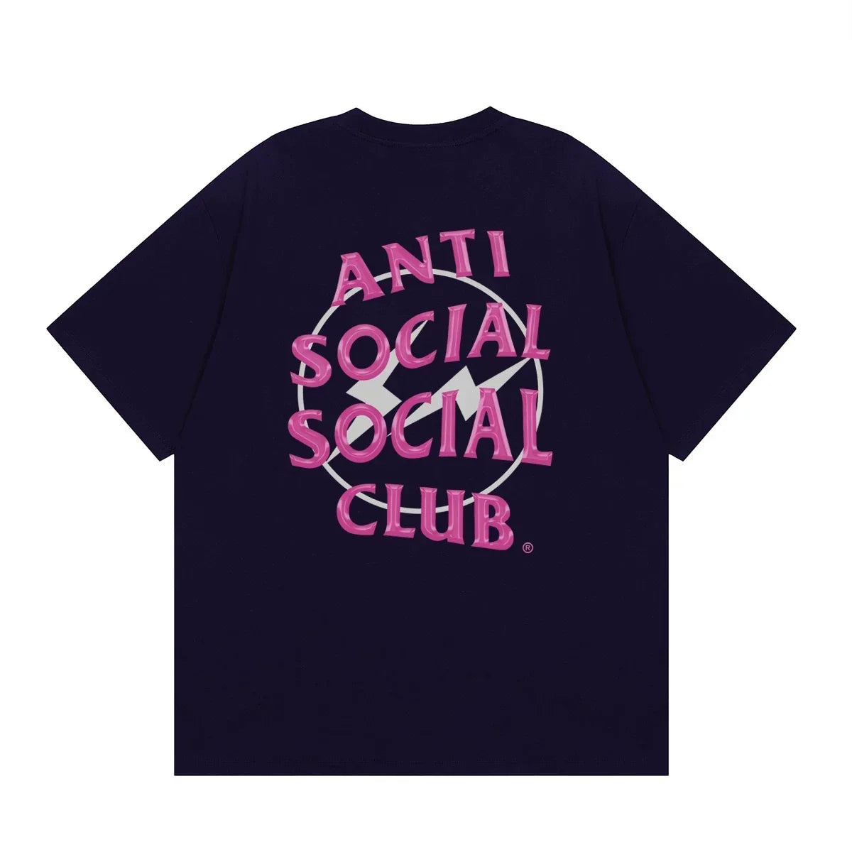 Anti Social Social Club Pink Lightning Circle Logo T-Shirt - Navy Blue