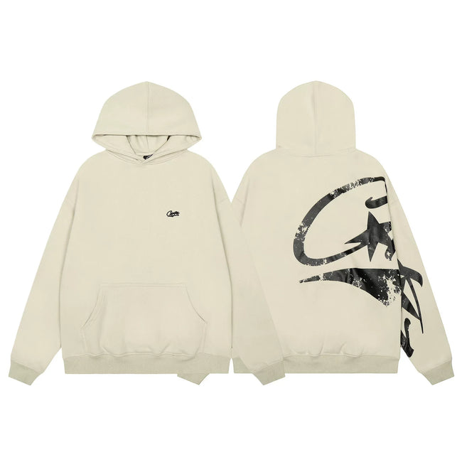 Cream Graphic Zip-Up Hoodie | Minimalist Streetwear Hoodie with Abstract Back Print Hover Image