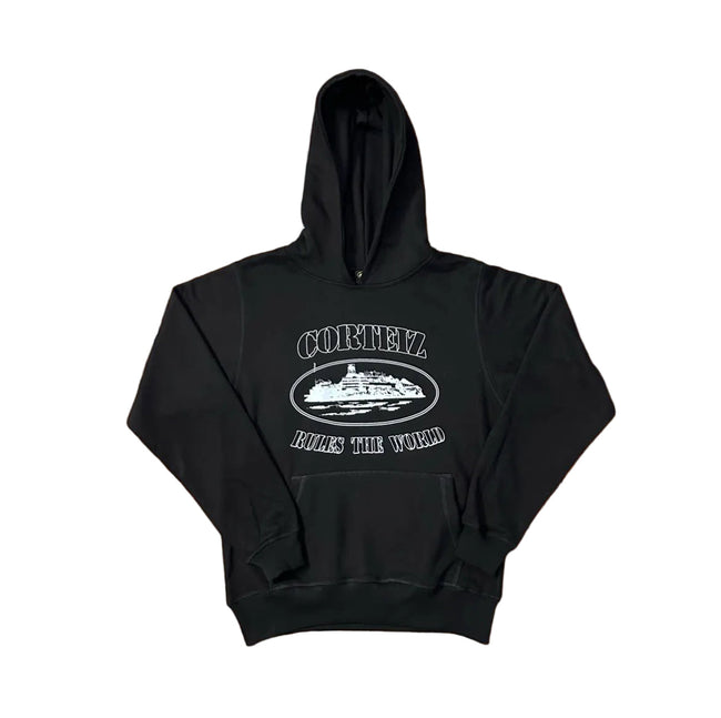 Black Vintage Graphic Hoodie – Oversized Streetwear Pullover Sweatshirt Hover Image