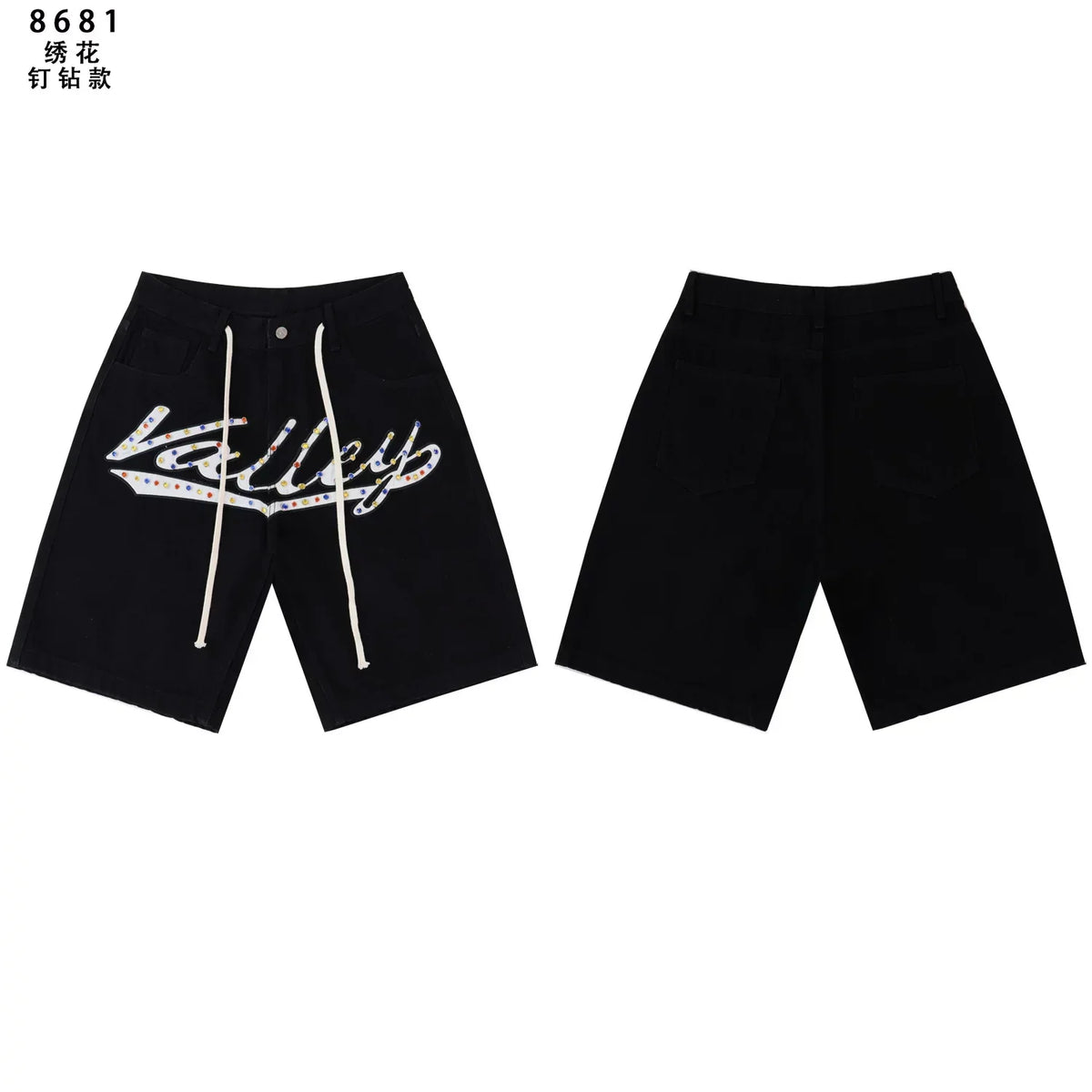 VALEFOREVER Black Denim Shorts Graffiti Rhinestone Script Logo