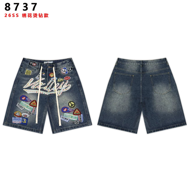 VALEFOREVER Vintage Blue Denim Shorts with Multi Patch Logo & Rhinestone Print Hover Image