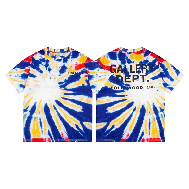 Gallery Dept. Sunburst Tie-Dye Hollywood Logo Short Sleeve T-Shirt - Red/Blue/Yellow