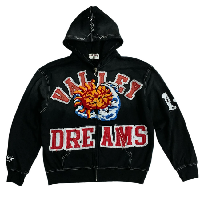 Valley Dreams Sun‑Moon Graphic Zip‑Up Hoodie, Unisex Black Vintage Streetwear Jacket Hover Image
