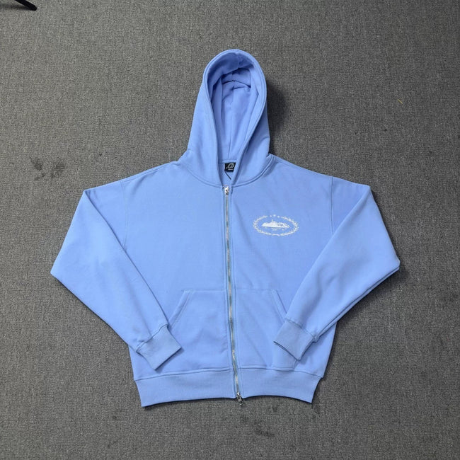 Blue Zip-Up Hoodie | Minimalist Streetwear Hoodie with Embroidered Logo Detail Hover Image