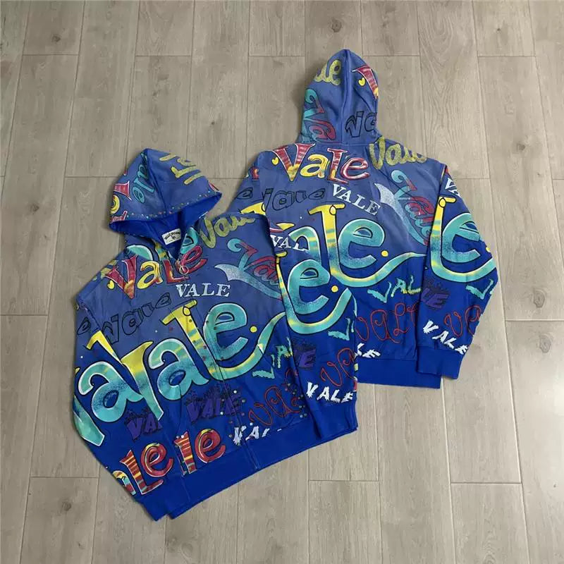 VALEFOREVER Blue All Over Graffiti Print Zip Up Hoodie