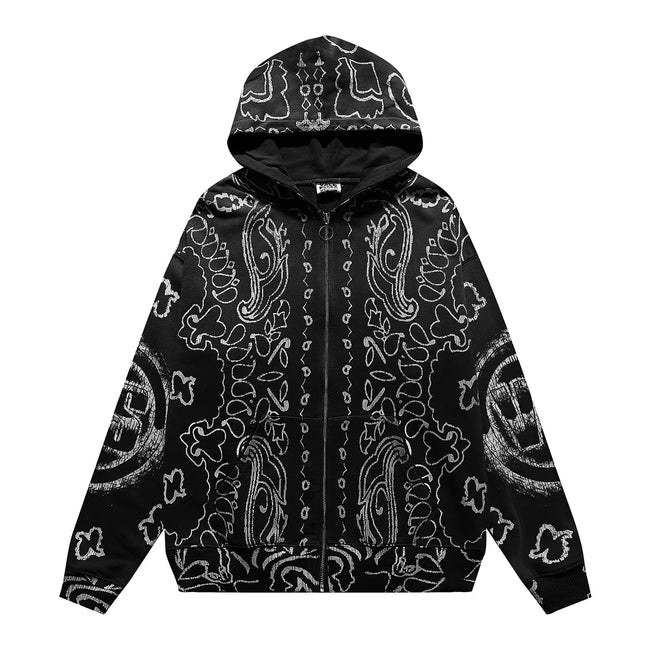 VALEFOREVER Black White Bandana Paisley Full Print Zip Hoodie Hover Image