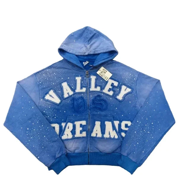 Valley Dreams Rhinestone Zip‑Up Cropped Hoodie, Unisex Blue Washed Streetwear Jacket Hover Image