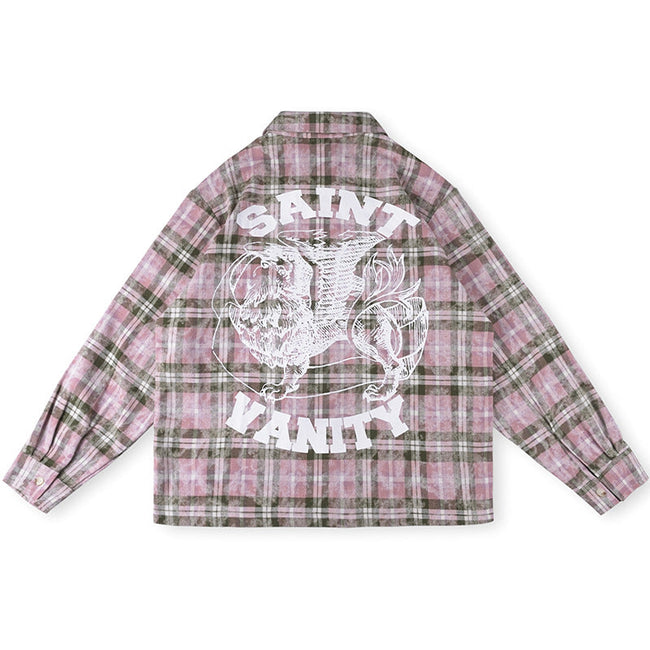 Saint Vanity Tiger Graphic Plaid Flannel Shirt - Pink/Green Hover Image