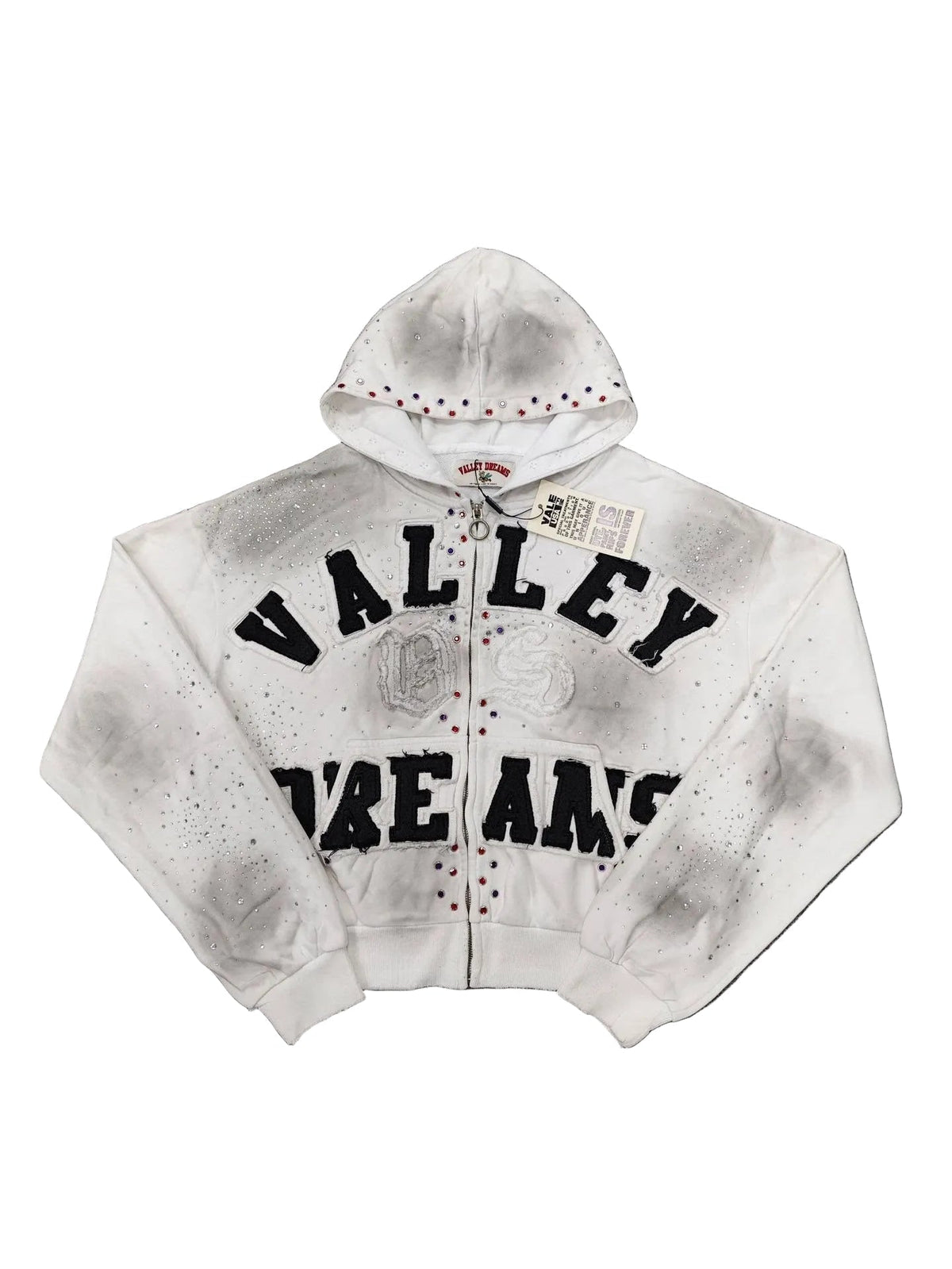 Valley Dreams Rhinestone Zip‑Up Hoodie, Unisex White Washed‑out Streetwear Jacket