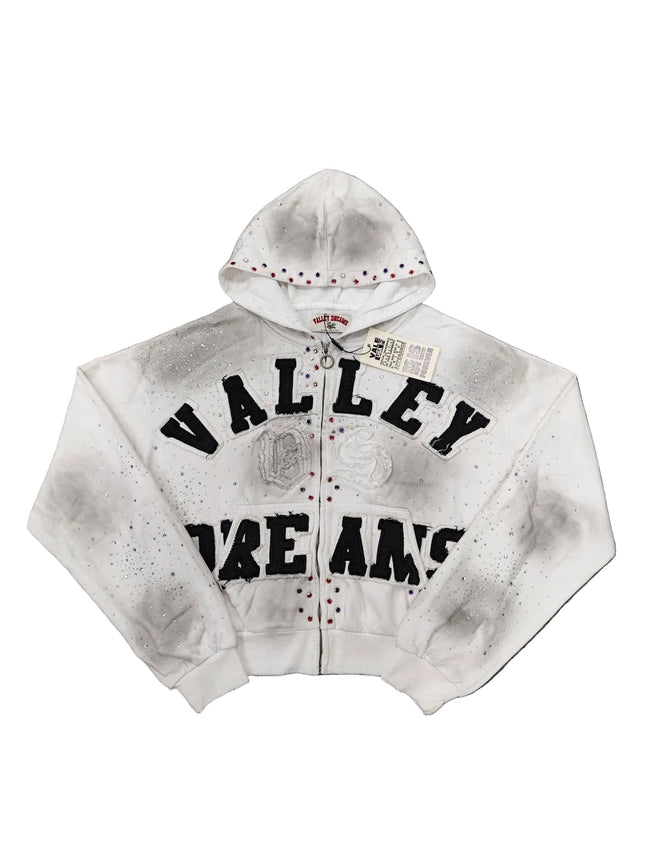 Valley Dreams Rhinestone Zip‑Up Hoodie, Unisex White Washed‑out Streetwear Jacket Hover Image