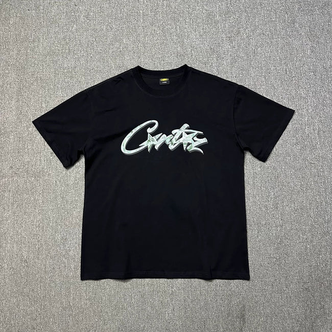 Corteiz Graffiti Script Logo Black T-Shirt — Bold Streetwear Tee with Signature Handstyle Print Hover Image