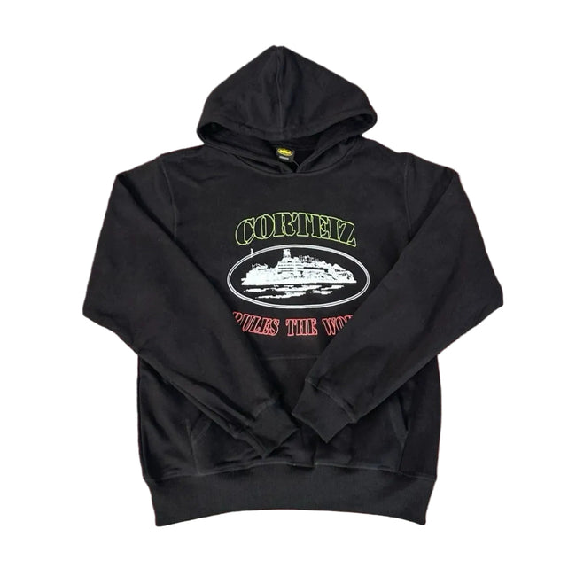Corteiz “Alcatraz” Black Hoodie — Vintage Island Graphic on Oversized Streetwear Pullover Hover Image