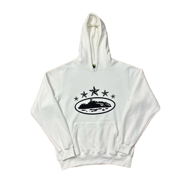 White Vintage Star Graphic Hoodie – Oversized Streetwear Pullover Sweatshirt Hover Image